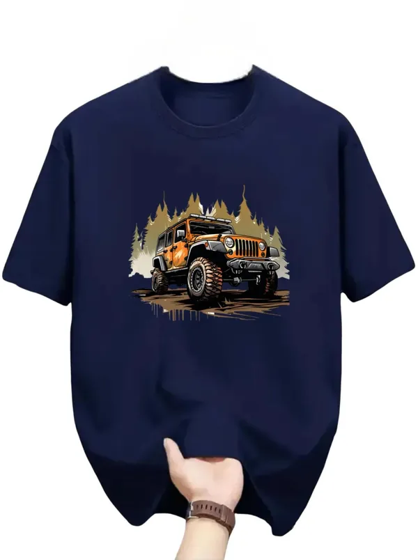 Dark_Blue_Pure_Cotton_Self_Design_Round_Neck_Tshirt_For_Men