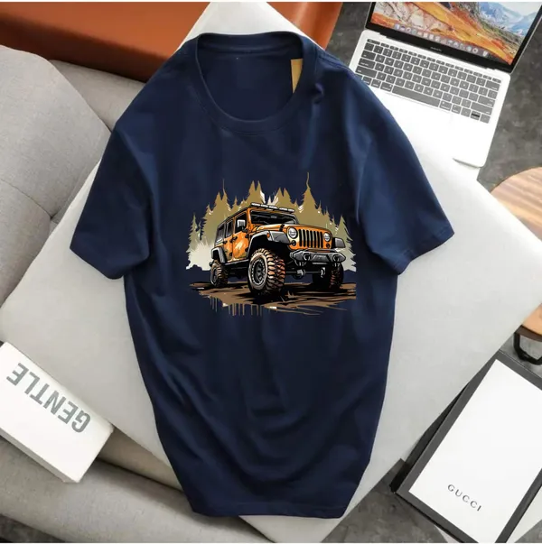 Dark_Blue_Pure_Cotton_Self_Design_Round_Neck_Tshirt_For_Men