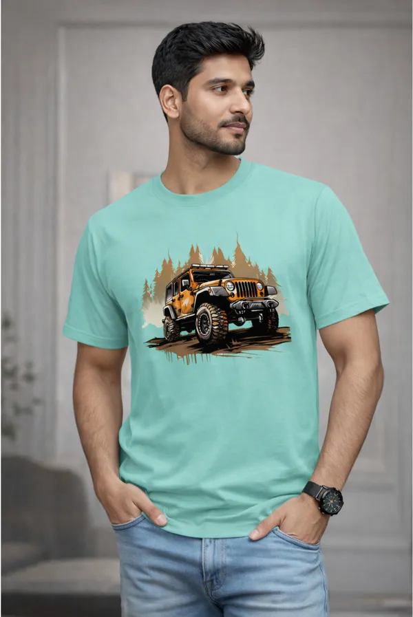 Light_Blue_Pure_Cotton_Self_Design_Round_Neck_Tshirt_For_Men