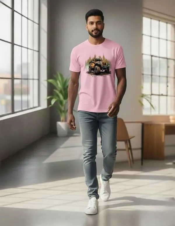Pink_Pure_Cotton_Self_Design_Round_Neck_Tshirt_For_Men