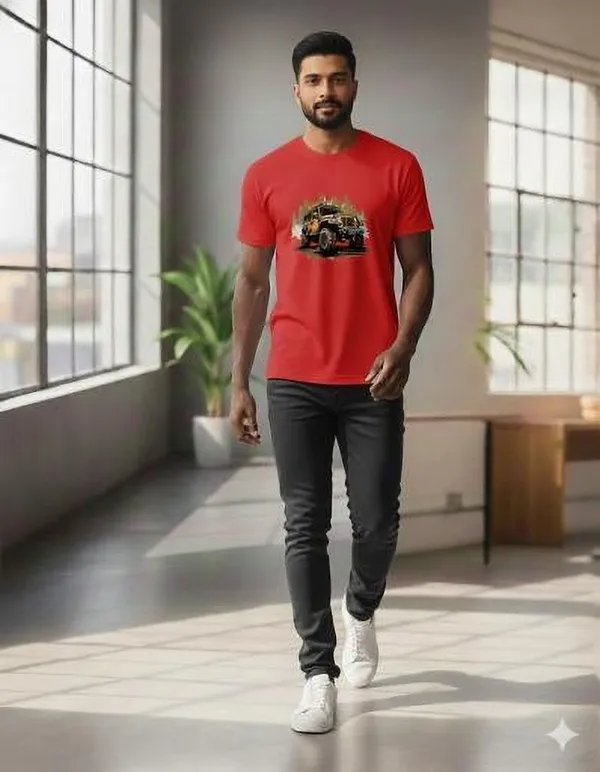 Red_Pure_Cotton_Self_Design_Round_Neck_Tshirt_For_Men