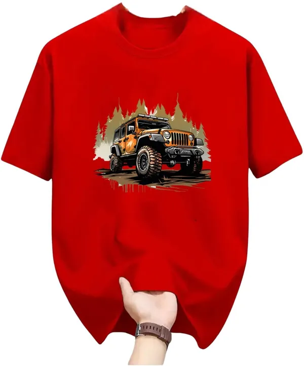 Red_Pure_Cotton_Self_Design_Round_Neck_Tshirt_For_Men