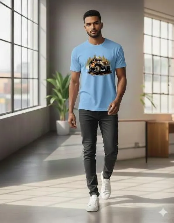 Light_Blue_Pure_Cotton_Self_Design_Round_Neck_Tshirt_For_Men