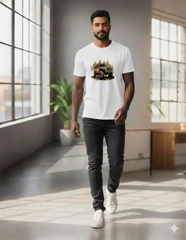 White_Pure_Cotton_Self_Design_Round_Neck_Tshirt_For_Men