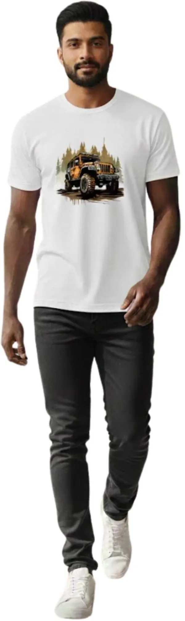White_Pure_Cotton_Self_Design_Round_Neck_Tshirt_For_Men