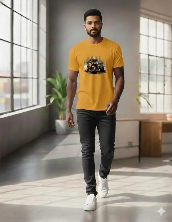 Yellow_Pure_Cotton_Self_Design_Round_Neck_Tshirt_For_Men