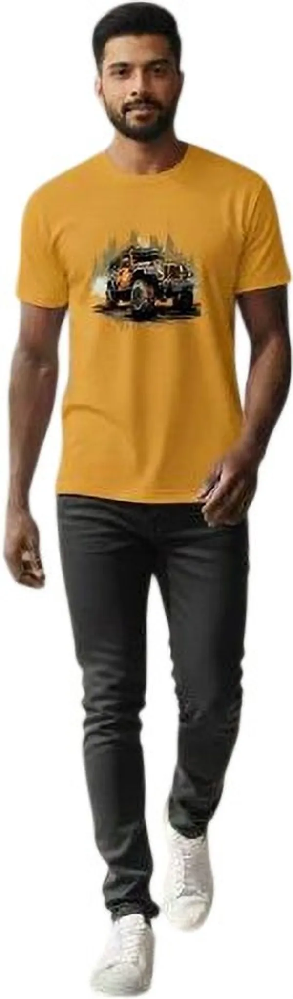 Yellow_Pure_Cotton_Self_Design_Round_Neck_Tshirt_For_Men