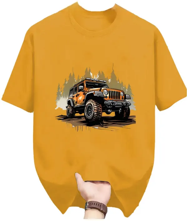 Yellow_Pure_Cotton_Self_Design_Round_Neck_Tshirt_For_Men