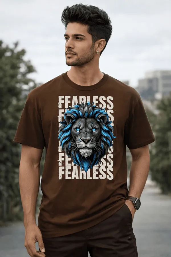 Brown_Pure_Cotton_Self_Design_Round_Neck_Tshirt_For_Men