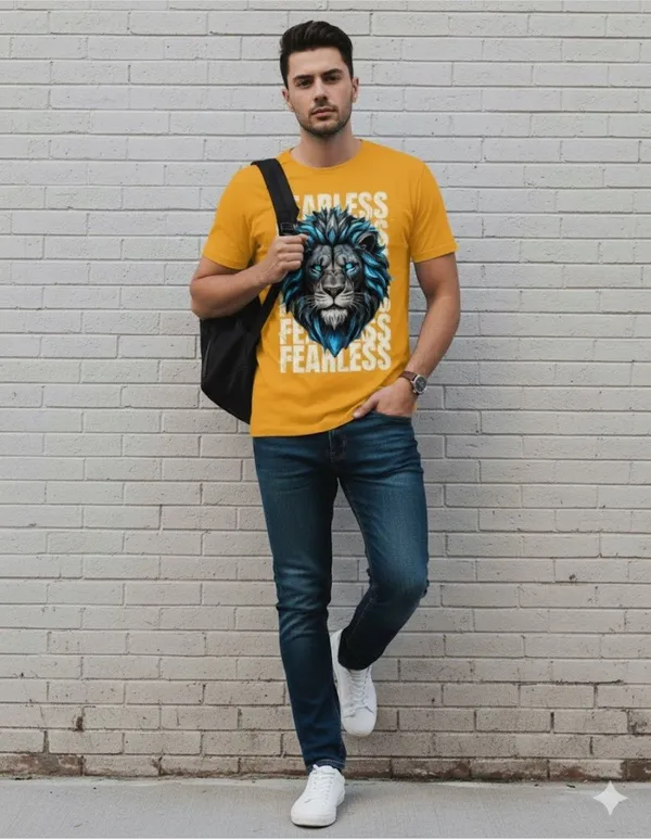 Yellow_Pure_Cotton_Self_Design_Round_Neck_Tshirt_For_Men