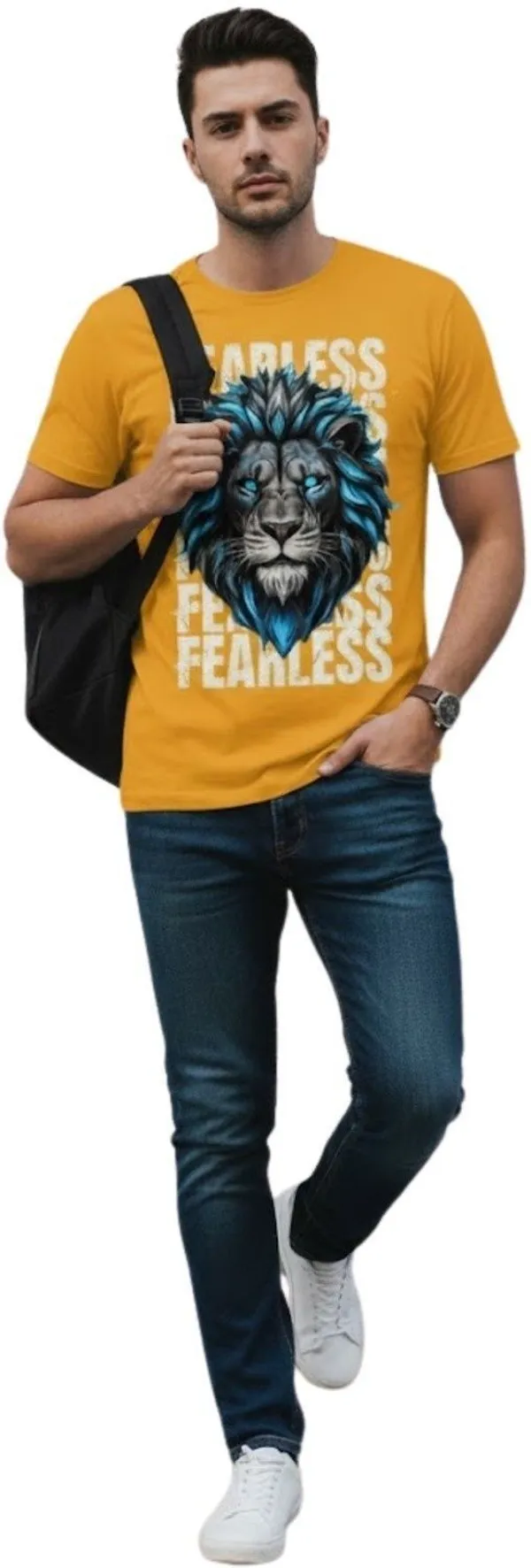 Yellow_Pure_Cotton_Self_Design_Round_Neck_Tshirt_For_Men