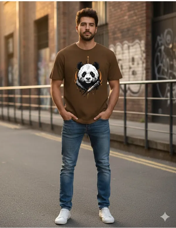 Brown_Pure_Cotton_Self_Design_Round_Neck_Tshirt_For_Men