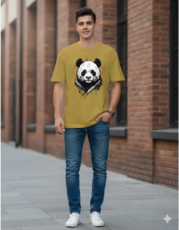 Yellow_Pure_Cotton_Self_Design_Round_Neck_Tshirt_For_Men
