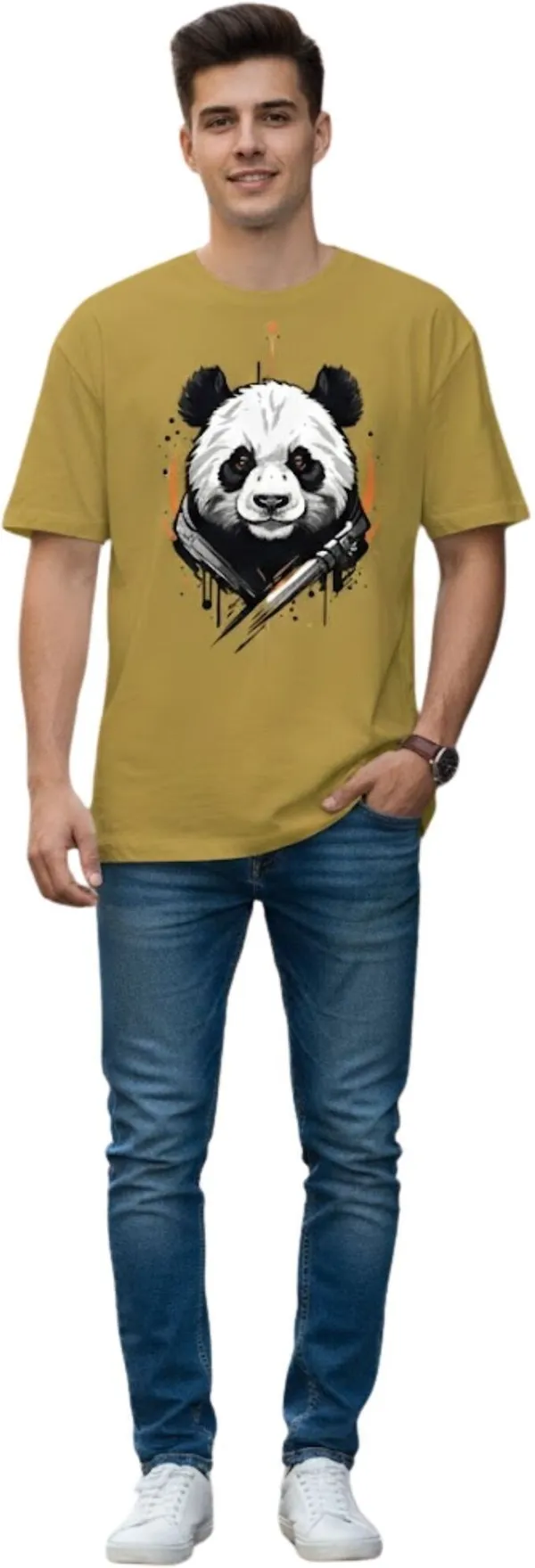 Yellow_Pure_Cotton_Self_Design_Round_Neck_Tshirt_For_Men