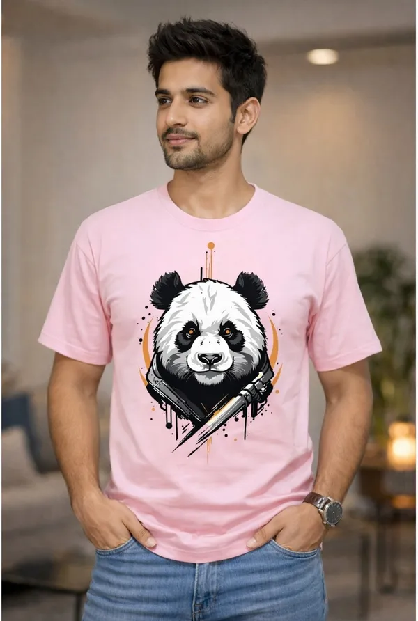 Pink_Pure_Cotton_Self_Design_Round_Neck_Tshirt_For_Men