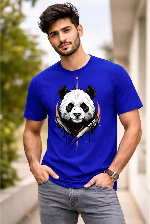 Blue_Pure_Cotton_Self_Design_Round_Neck_Tshirt_For_Men