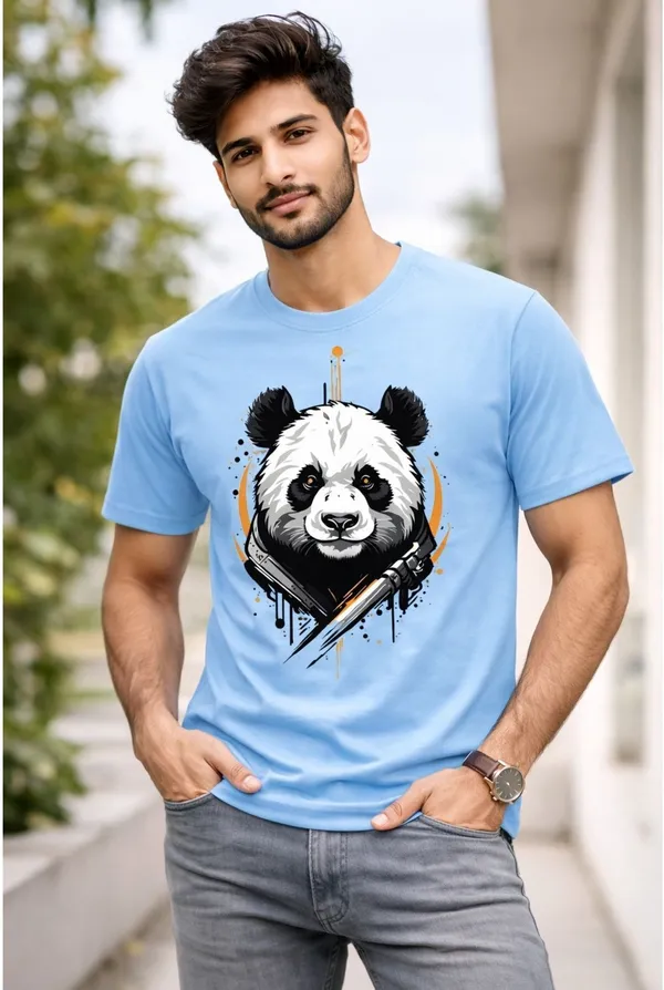 Light_Blue_Pure_Cotton_Self_Design_Round_Neck_Tshirt_For_Men