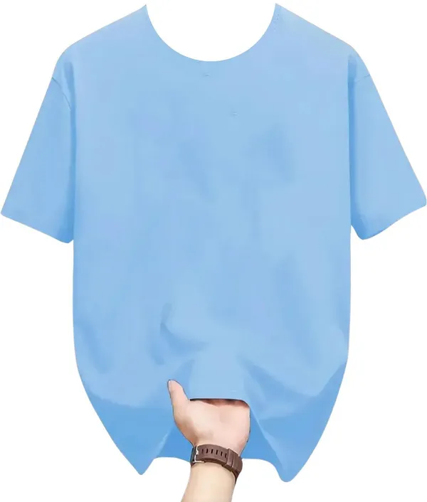 Light_Blue_Pure_Cotton_Self_Design_Round_Neck_Tshirt_For_Men