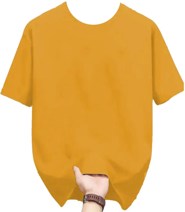 Yellow_Pure_Cotton_Self_Design_Round_Neck_Tshirt_For_Men
