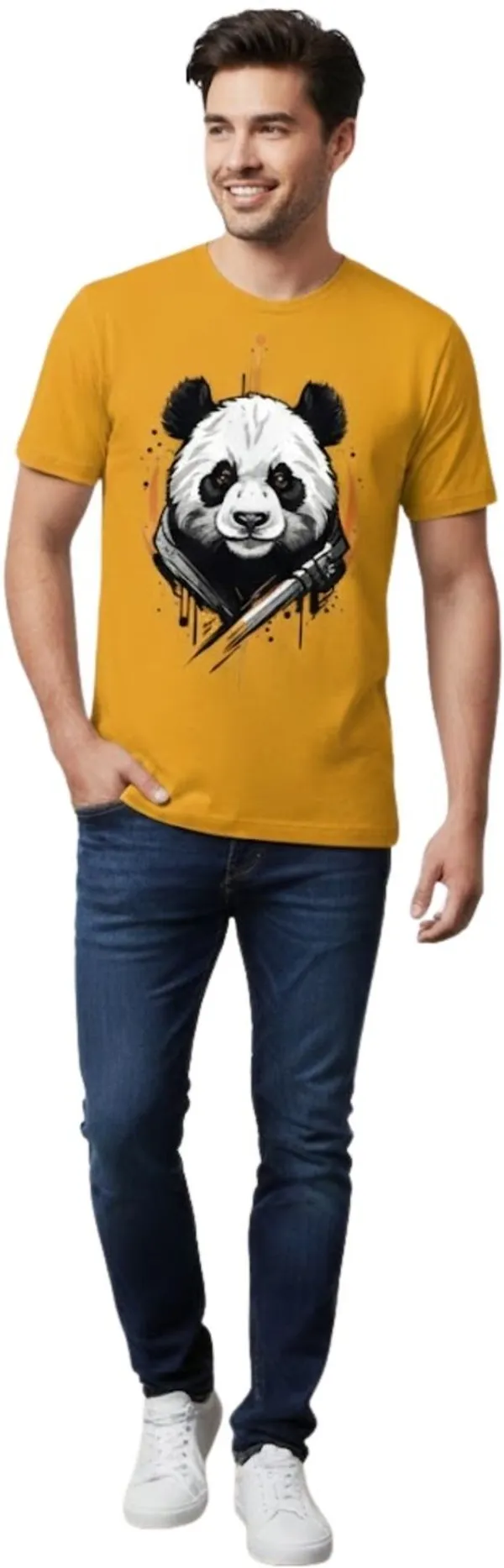 Yellow_Pure_Cotton_Self_Design_Round_Neck_Tshirt_For_Men