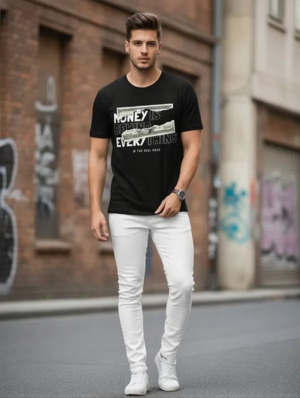 Black_Pure_Cotton_Self_Design_Round_Neck_Tshirt_For_Men