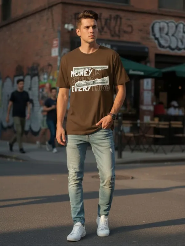 Brown_Pure_Cotton_Self_Design_Round_Neck_Tshirt_For_Men