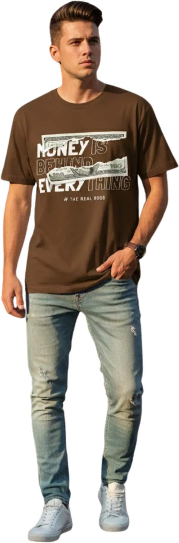Brown_Pure_Cotton_Self_Design_Round_Neck_Tshirt_For_Men