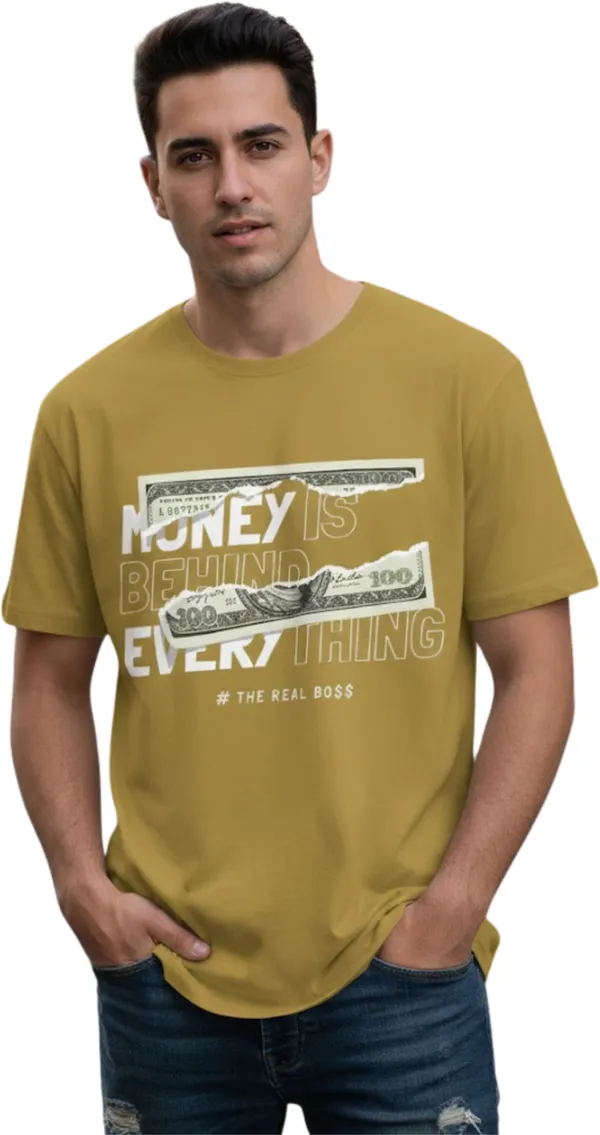 Beige_Pure_Cotton_Self_Design_Round_Neck_Tshirt_For_Men
