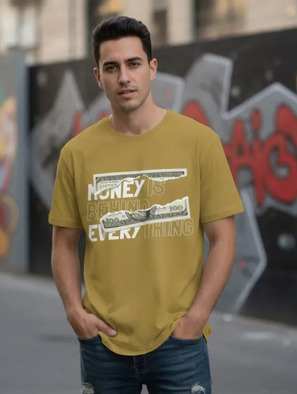 Beige_Pure_Cotton_Self_Design_Round_Neck_Tshirt_For_Men
