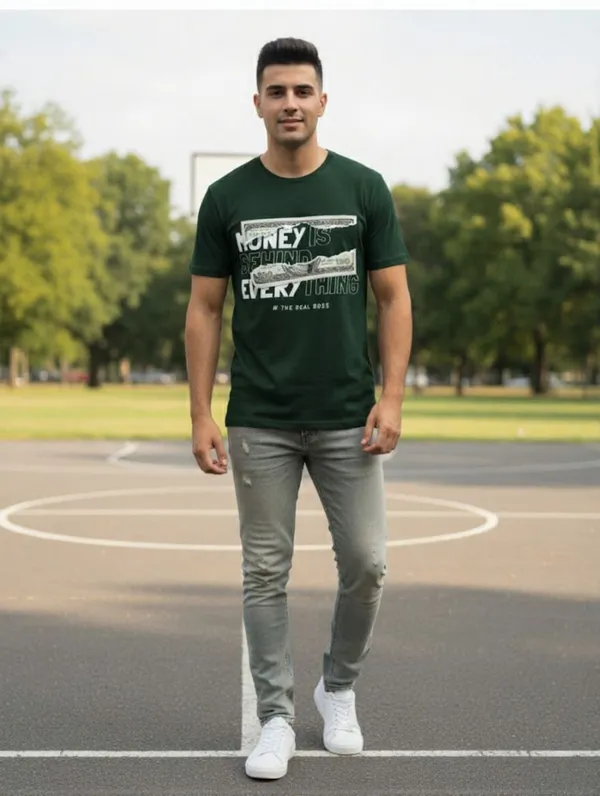 Dark_Green_Pure_Cotton_Self_Design_Round_Neck_Tshirt_For_Men