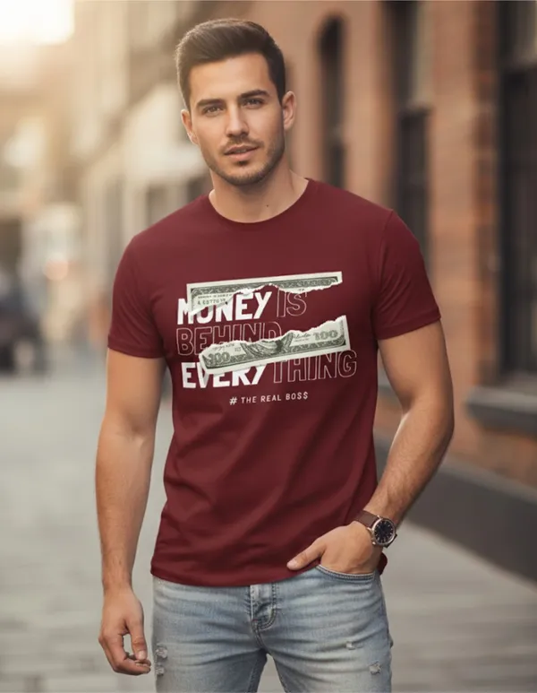 Maroon_Pure_Cotton_Self_Design_Round_Neck_Tshirt_For_Men