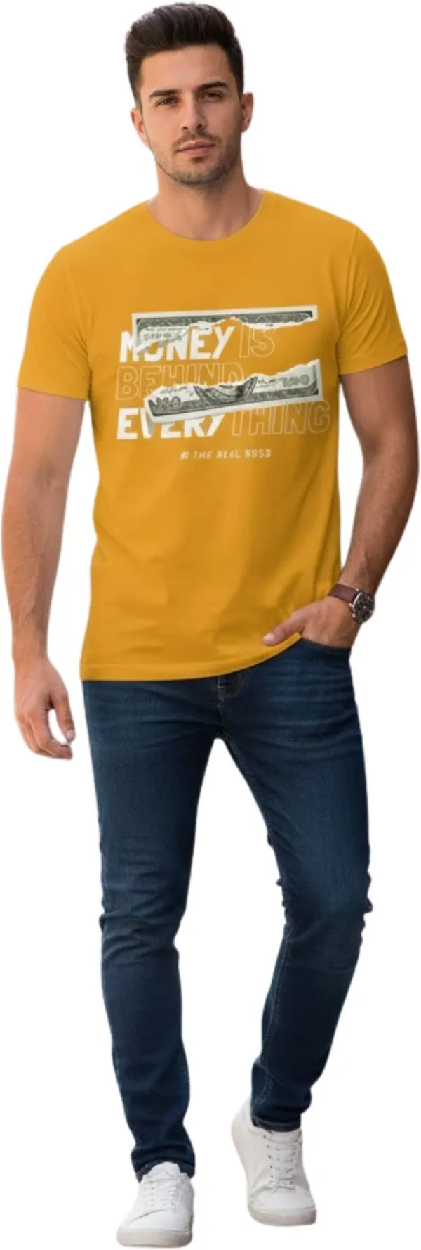 Yellow_Pure_Cotton_Self_Design_Round_Neck_Tshirt_For_Men