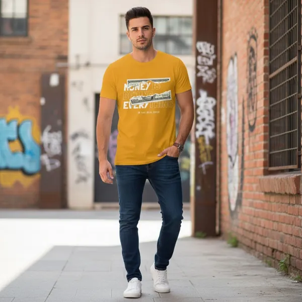 Yellow_Pure_Cotton_Self_Design_Round_Neck_Tshirt_For_Men