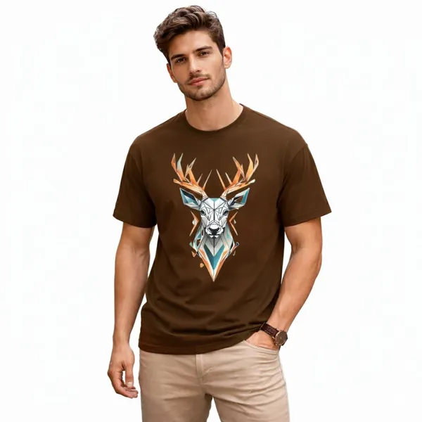 Brown_Pure_Cotton_Self_Design_Round_Neck_Tshirt_For_Men