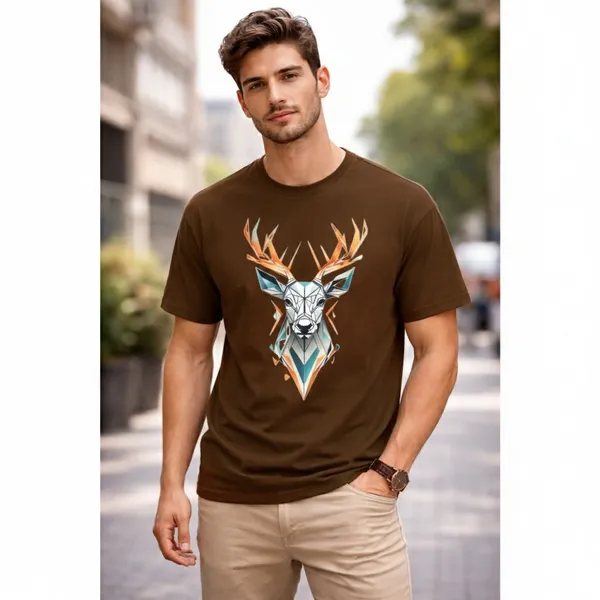 Brown_Pure_Cotton_Self_Design_Round_Neck_Tshirt_For_Men