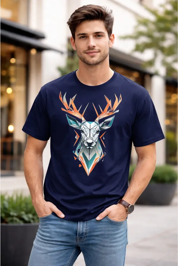 Blue_Pure_Cotton_Self_Design_Round_Neck_Tshirt_For_Men