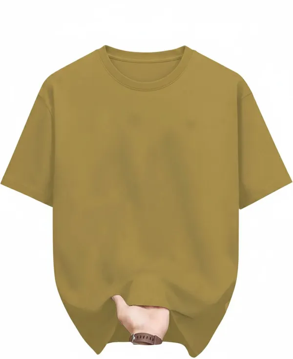 Beige_Pure_Cotton_Self_Design_Round_Neck_Tshirt_For_Men