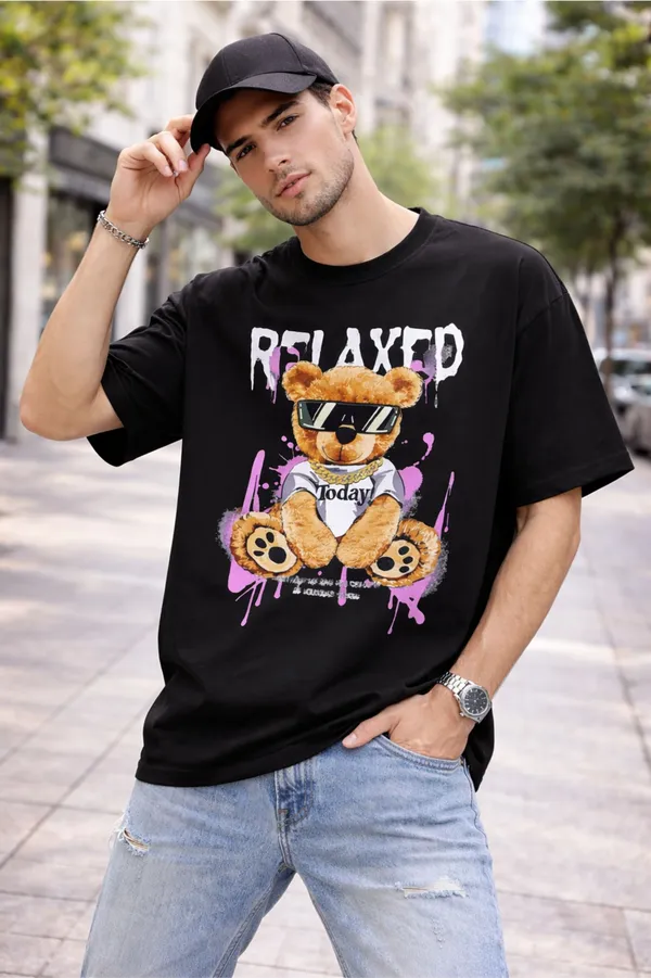 Black_Pure_Cotton_Self_Design_Round_Neck_Tshirt_For_Men