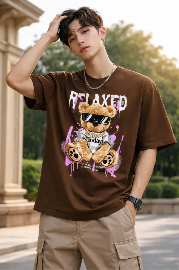 Brown_Pure_Cotton_Self_Design_Round_Neck_Tshirt_For_Men
