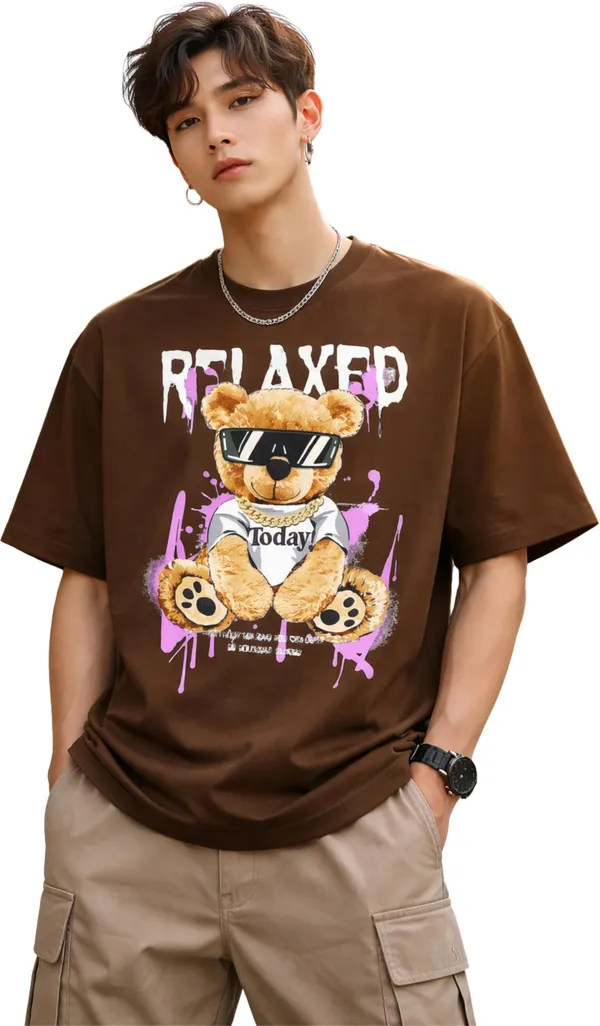 Brown_Pure_Cotton_Self_Design_Round_Neck_Tshirt_For_Men