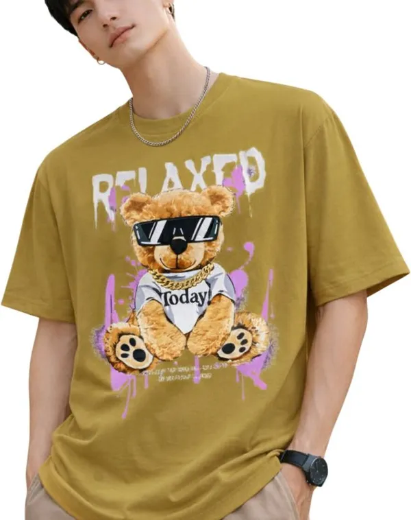 Beige_Pure_Cotton_Self_Design_Round_Neck_Tshirt_For_Men