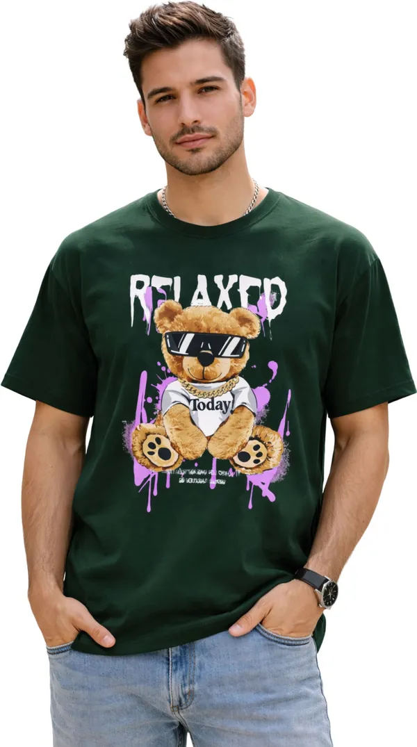 Dark_Green_Pure_Cotton_Self_Design_Round_Neck_Tshirt_For_Men