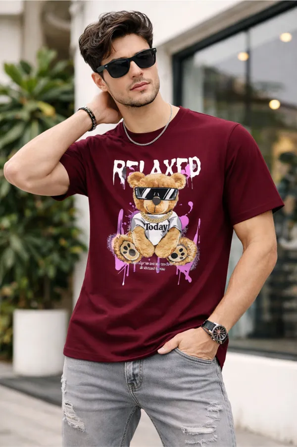 Maroon_Pure_Cotton_Self_Design_Round_Neck_Tshirt_For_Men
