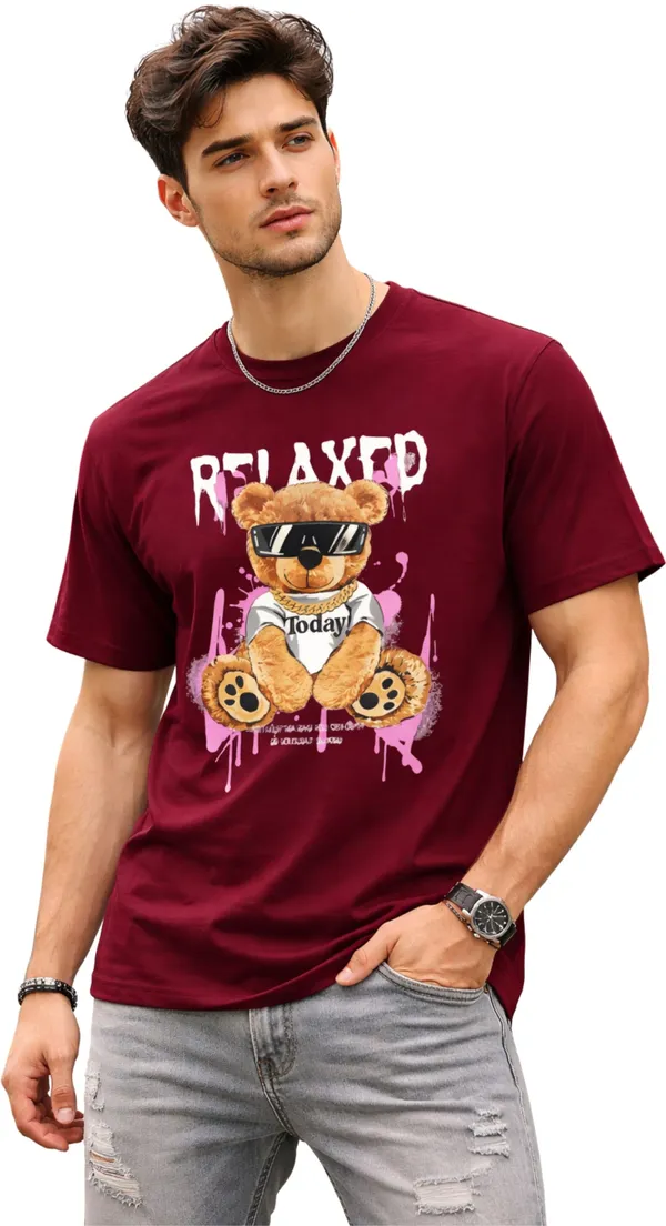 Maroon_Pure_Cotton_Self_Design_Round_Neck_Tshirt_For_Men