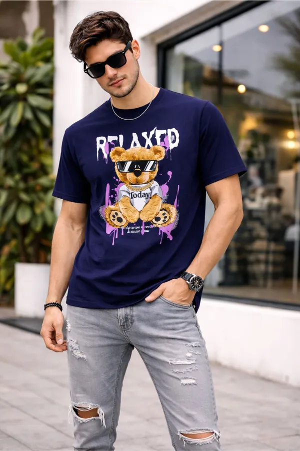 Dark_Blue_Pure_Cotton_Self_Design_Round_Neck_Tshirt_For_Men