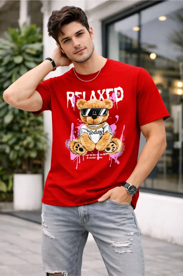 Red_Pure_Cotton_Self_Design_Round_Neck_Tshirt_For_Men