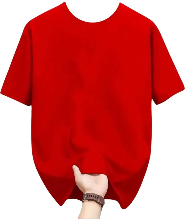 Red_Pure_Cotton_Self_Design_Round_Neck_Tshirt_For_Men