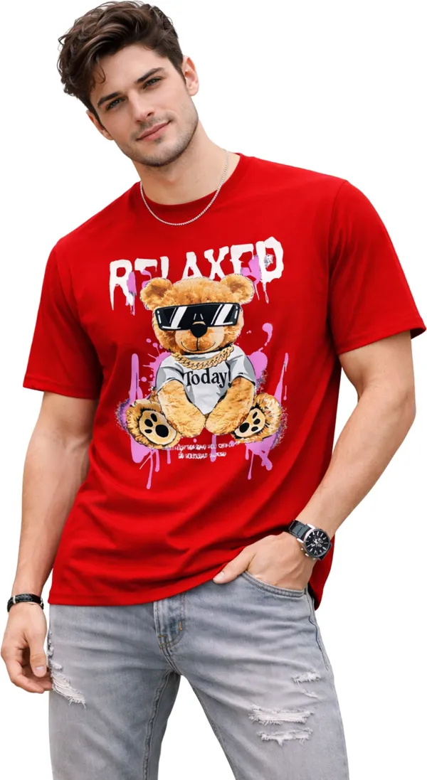 Red_Pure_Cotton_Self_Design_Round_Neck_Tshirt_For_Men