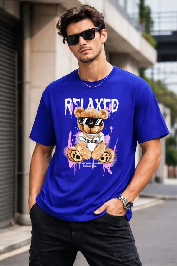Blue_Pure_Cotton_Self_Design_Round_Neck_Tshirt_For_Men