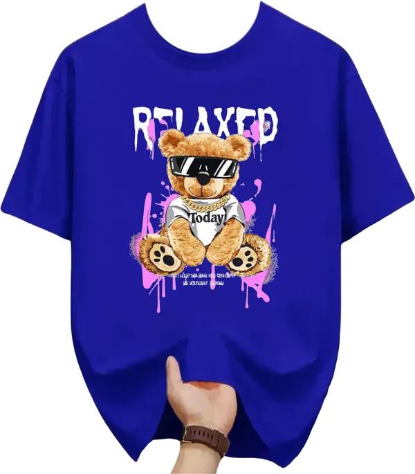 Blue_Pure_Cotton_Self_Design_Round_Neck_Tshirt_For_Men